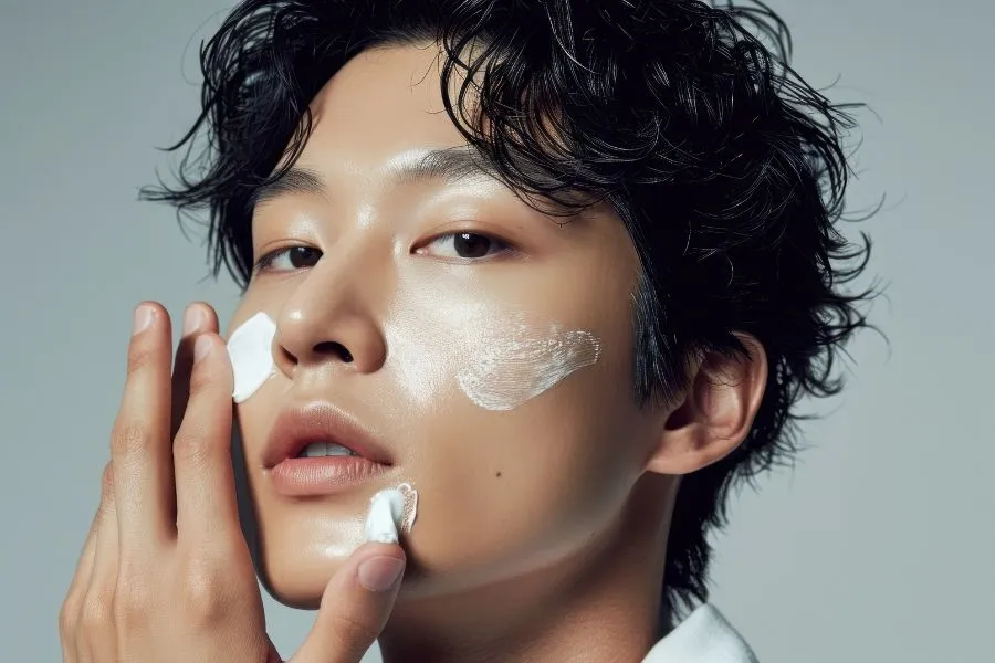 korean man applying cream to his face